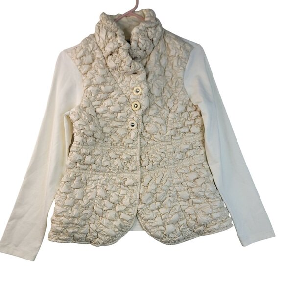 Robert Kitchen Quilted Puffer Jacket Medium Textured Cotton Button Cream - Picture 1 of 14